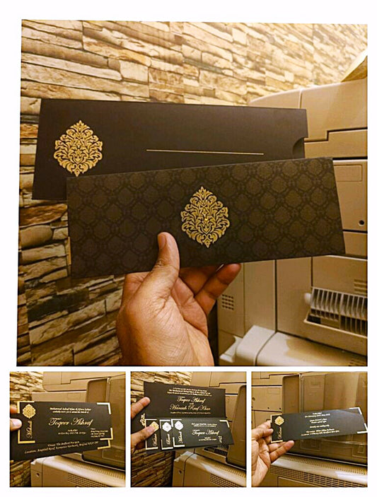 check book style black wedding Cards with golden printing Pakistan - Wedding Cards & Favour Boxes