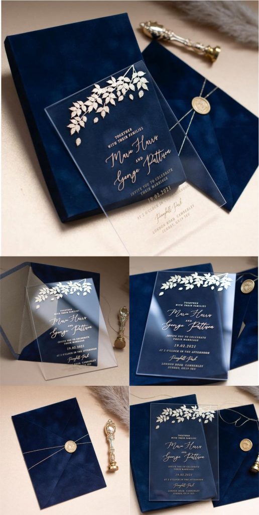 Blue Velvet Wedding Card with Acrylic
